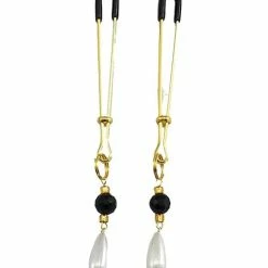 Phs International Kink & BDSM Bijoux De Nip Tweezer Nipple Clamp W-black & Gold Beads W-pearl - Gold