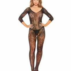 Popsi Lingerie Fishnet & Patterned Open Crotch Bodystocking Black One Size Fits Most