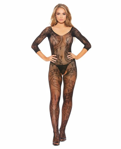 Popsi Lingerie Fishnet & Patterned Open Crotch Bodystocking Black One Size Fits Most