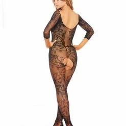 Popsi Lingerie Fishnet & Patterned Open Crotch Bodystocking Black One Size Fits Most