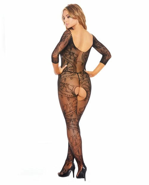 Popsi Lingerie Fishnet & Patterned Open Crotch Bodystocking Black One Size Fits Most