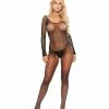 Popsi Lingerie Rhinestone Fishnet Full Sleeved Bodystocking Black O-s
