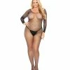 Popsi Lingerie Rhinestone Fishnet Full Sleeved Bodystocking Black Qn
