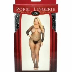 Popsi Lingerie Rhinestone Fishnet Full Sleeved Bodystocking Black Qn