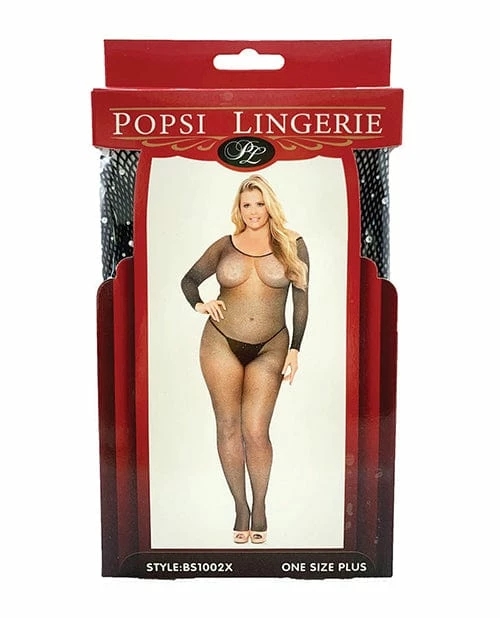 Popsi Lingerie Rhinestone Fishnet Full Sleeved Bodystocking Black Qn