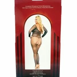 Popsi Lingerie Rhinestone Fishnet Full Sleeved Bodystocking Black Qn