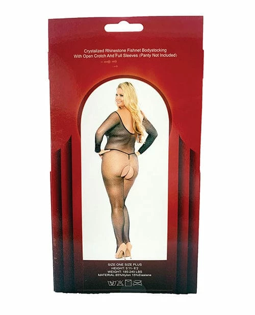 Popsi Lingerie Rhinestone Fishnet Full Sleeved Bodystocking Black Qn