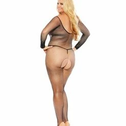 Popsi Lingerie Rhinestone Fishnet Full Sleeved Bodystocking Black Qn