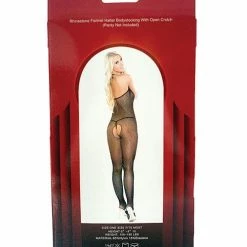 Popsi Lingerie Rhinestone Fishnet Halter Top Bodystocking Black O-s