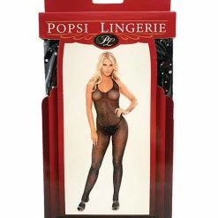 Popsi Lingerie Rhinestone Fishnet Halter Top Bodystocking Black O-s