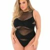 Rene Rofe Lingerie Pink Lipstick Criss Cross Fishnet Bodysuit Black Queen Size