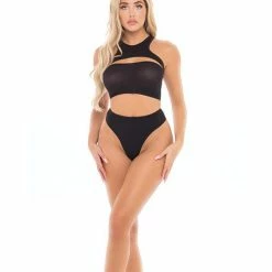 Rene Rofe Pink Lipstick Divine Bandeau, Harness Top, & High Waist Thong Black O-s