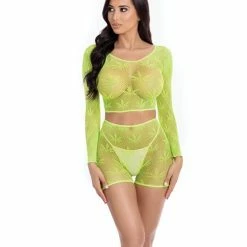 Rene Rofe Pink Lipstick Leaf It To Me Long Sleeve Crop Top & Short