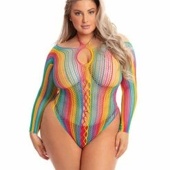 Rene Rofe Pink Lipstick More Color Long Sleeve Bodysuit Rainbow