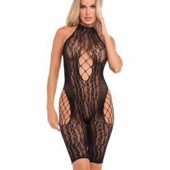Rene Rofe Pink Lipstick Sin Me Bikeshort Bodystocking Black One Size Fits Most Lingerie