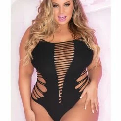 Rene Rofe Lingerie Pink Lipstick Slice & Dice Seamless Bodysuit Black Fits Up To 2x