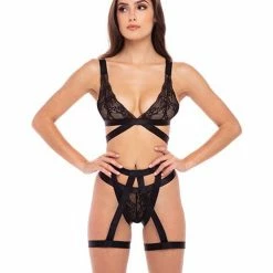 Rene Rofe Straps & Garters Bra Set Black S-M Lingerie