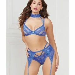 Seven 'til Midnight Lingerie Demi Bra With Removable Collar, Garter Belt & Thong Blue