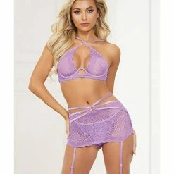 Seven'til Midnight Galloon Lace Bra, Garter Skirt & G-string One Size Fits Most