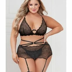 Seven 'til Midnight Galloon Lace Bra, Garter Skirt & G-string One Size Fits Most Plus Size