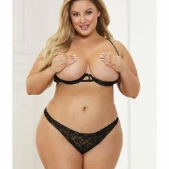 Seven 'til Midnight Lingerie Open Cup Bra & Crotchless Brazilian Thong Black Qn