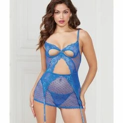Seven 'til Midnight Peek A Boo Cup Chemise W-outer Garterbelt Blue O-s