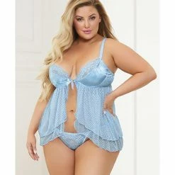 Seven 'til Midnight Satin Jacquard Dot Mesh Scallop Lace Babydoll & G-string Blue