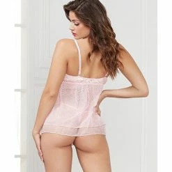 Seven 'til Midnight Lingerie Satin Jacquard Dot Mesh Scallop Lace Babydoll & G-string Light Pink