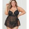 Seven 'til Midnight Lingerie Stretch Lace Babydoll With Underwire Cups & G-string Black