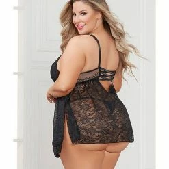 Seven 'til Midnight Lingerie Stretch Lace Babydoll With Underwire Cups & G-string Black