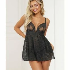 Seven 'til Midnight Stretch Lace Babydoll With Underwire Cups & G-string Black