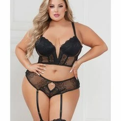 Seven 'til Midnight Lingerie Stretch Lace Cropped Bustier & Cheeky Panty Black