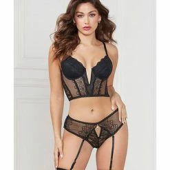 Seven 'til Midnight Stretch Lace Cropped Bustier & Cheeky Panty Black