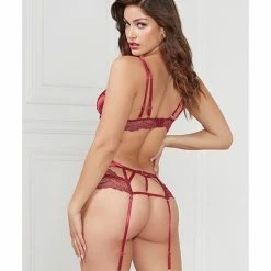 Seven 'til Midnight Lingerie Stretch Satin & Lace Balconette Cup & Garter Panty Wine