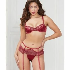 Seven 'til Midnight Lingerie Stretch Satin & Lace Balconette Cup & Garter Panty Wine