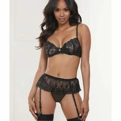 Seven 'til Midnight Lingerie Valentine Embroidered Lace & Mesh Bra, Garter Skirt & G-string Black