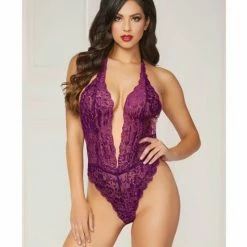 Seven'til Midnight Lingerie Floral Lace Teddy With Halter Satin Ribbon Ties & Snap Crotch