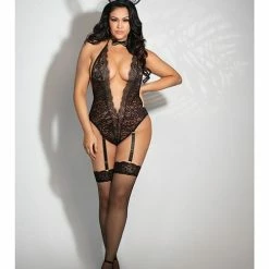 Seven 'til Midnight Lingerie Lace Gartered Teddy With Attached Tail, Bow Collar & Ears