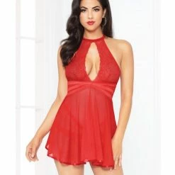 Seven 'til Midnight Lace Mesh Babydoll With Strappy Waist & Panty With Crisscross Waistband