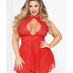 Seven 'til Midnight Lace Mesh Babydoll With Strappy Waist & Panty With Crisscross Waistband