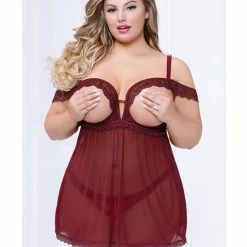 Seven 'til Midnight Lace & Mesh Open Cups Babydoll With Fly Away Back & Panty