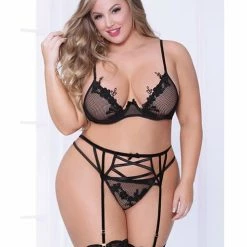 Seven 'til Midnight Lingerie Netting Bra With Lace Applique, Strappy Garterbelt & Thong