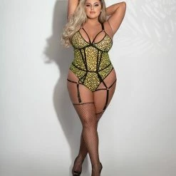 Seven 'til Midnight Print Mesh Teddy With Garters Leopard Chartreuse Queen Size Lingerie