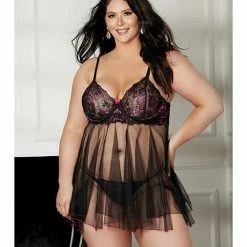 Shirley Of Hollywood Lingerie Floral & Sheer Pleated Babydoll
