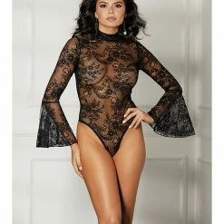 Shirley Of Hollywood Sheer Floral Bell Sleeved Teddy Lingerie