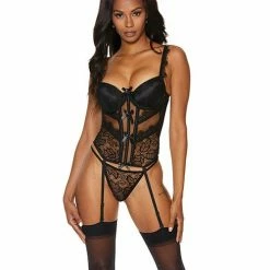 Shirley Of Hollywood Lingerie Sheer & Lace Padded Up Bustier With Garters & G-string Black