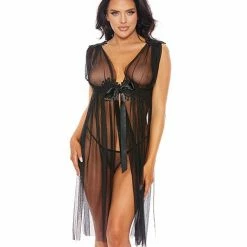 Shirley Of Hollywood Sheer Tie Front Long Gown Lingerie
