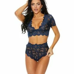 Shirley Of Hollywood Stretch Lace Cami Set Navy Xxl