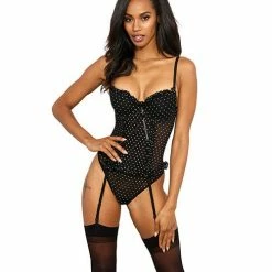 Shirley Of Hollywood Stretch Mesh Polka Dot Bustier & Thong Black Xxl Lingerie