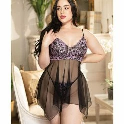 Shirley Of Hollywood Valentines Sheer & Floral Applique Babydoll Lingerie